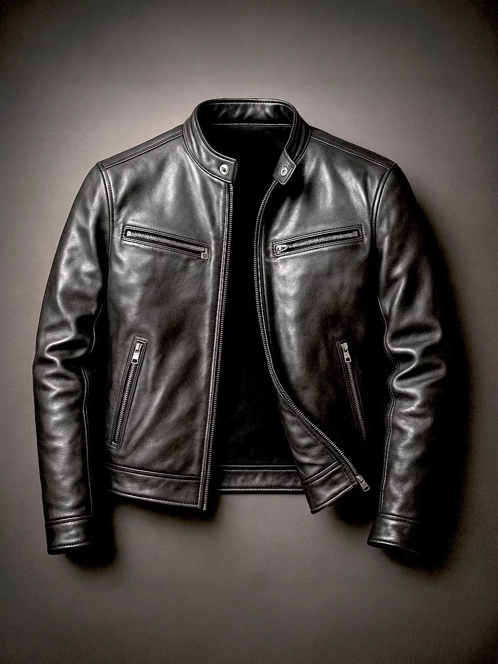 Chaqueta biker de polipiel con cuello mao para hombre