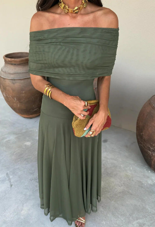 Vestido palabra de honor con paneles de malla