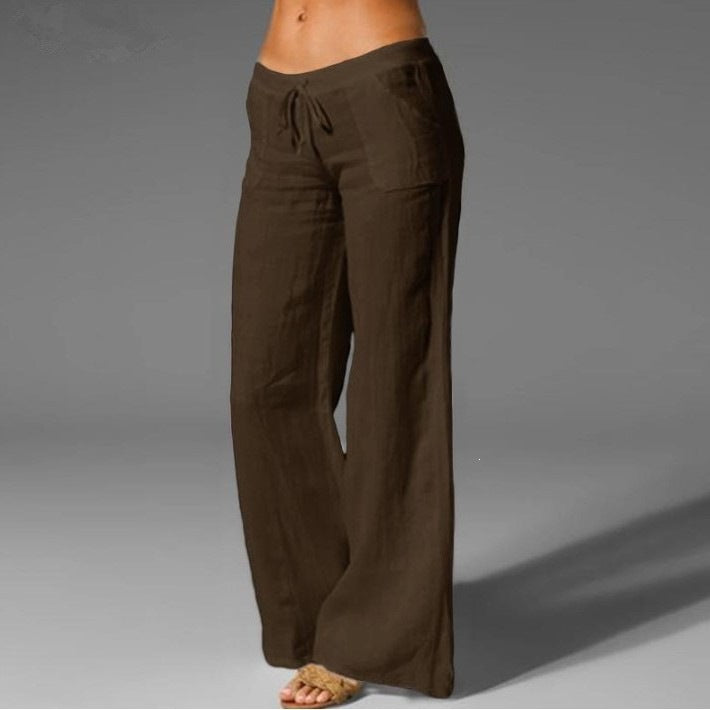 Pantalones anchos de lino y algodón de tiro alto