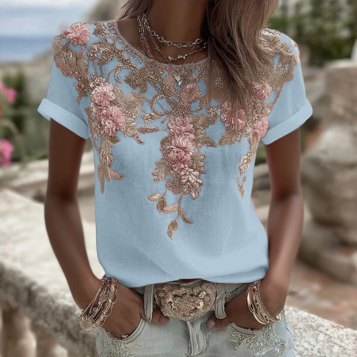 Camiseta holgada de manga larga con estampado 3D