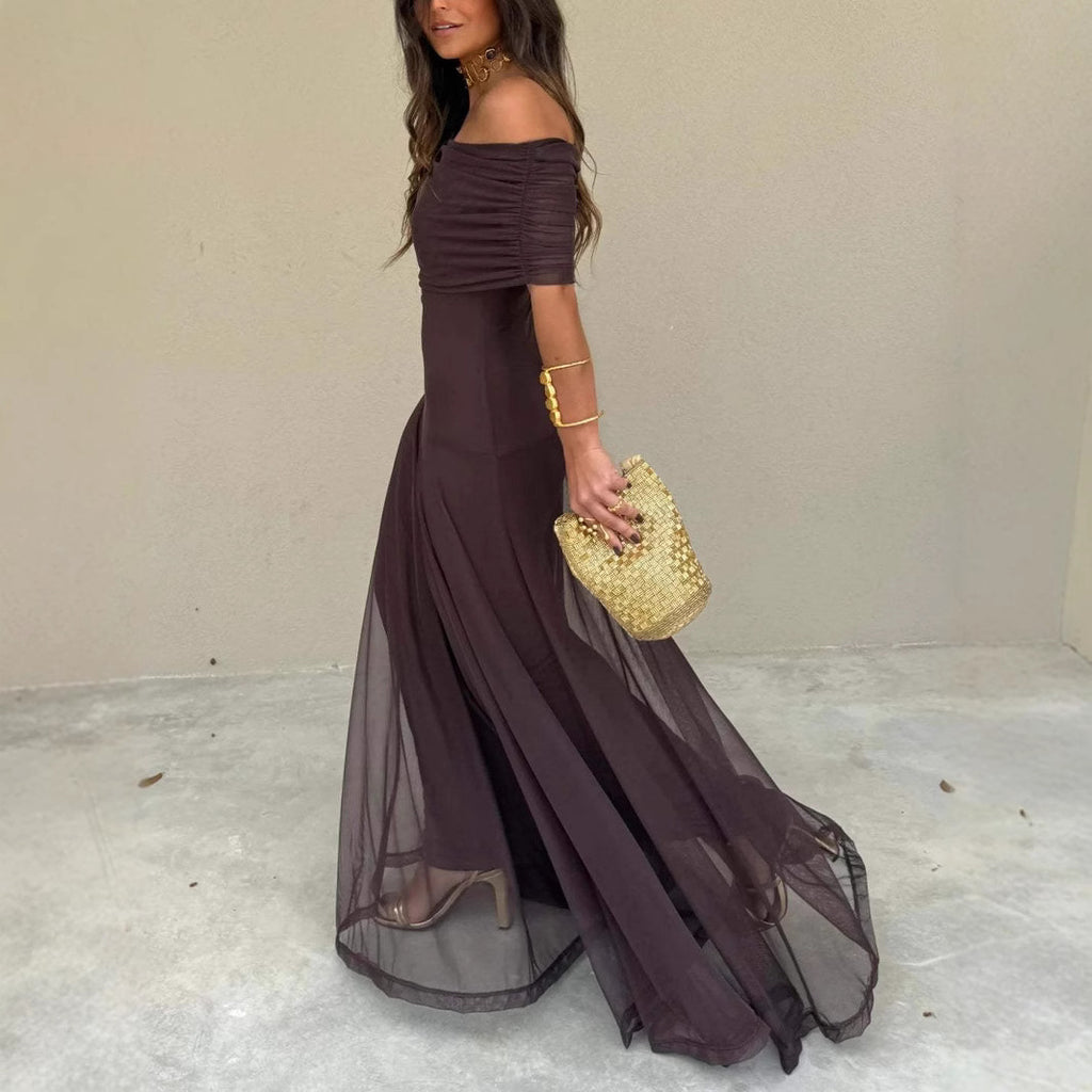 Vestido palabra de honor con paneles de malla