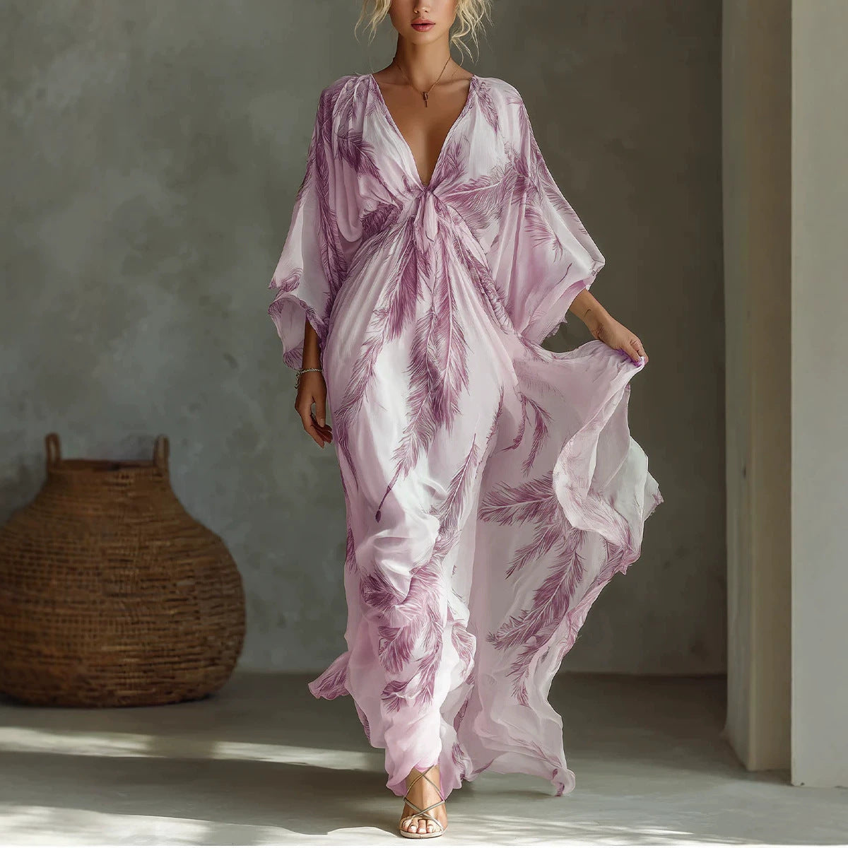 Vestido largo floral con escote en V