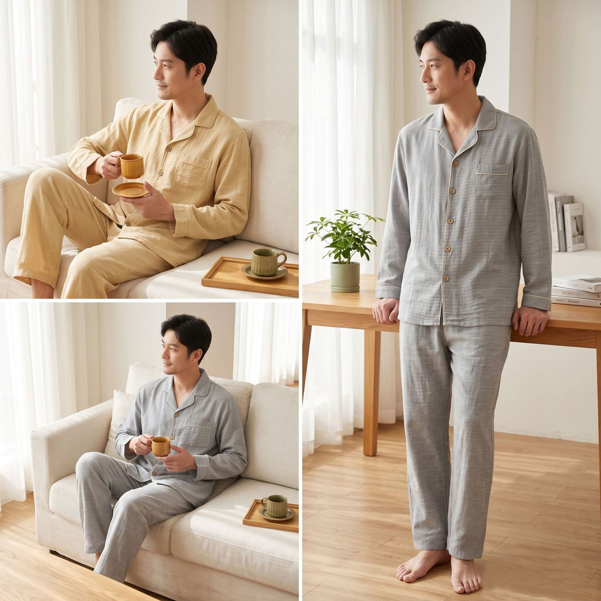 Pijama largo de algodón con dibujo de espiga para hombre
