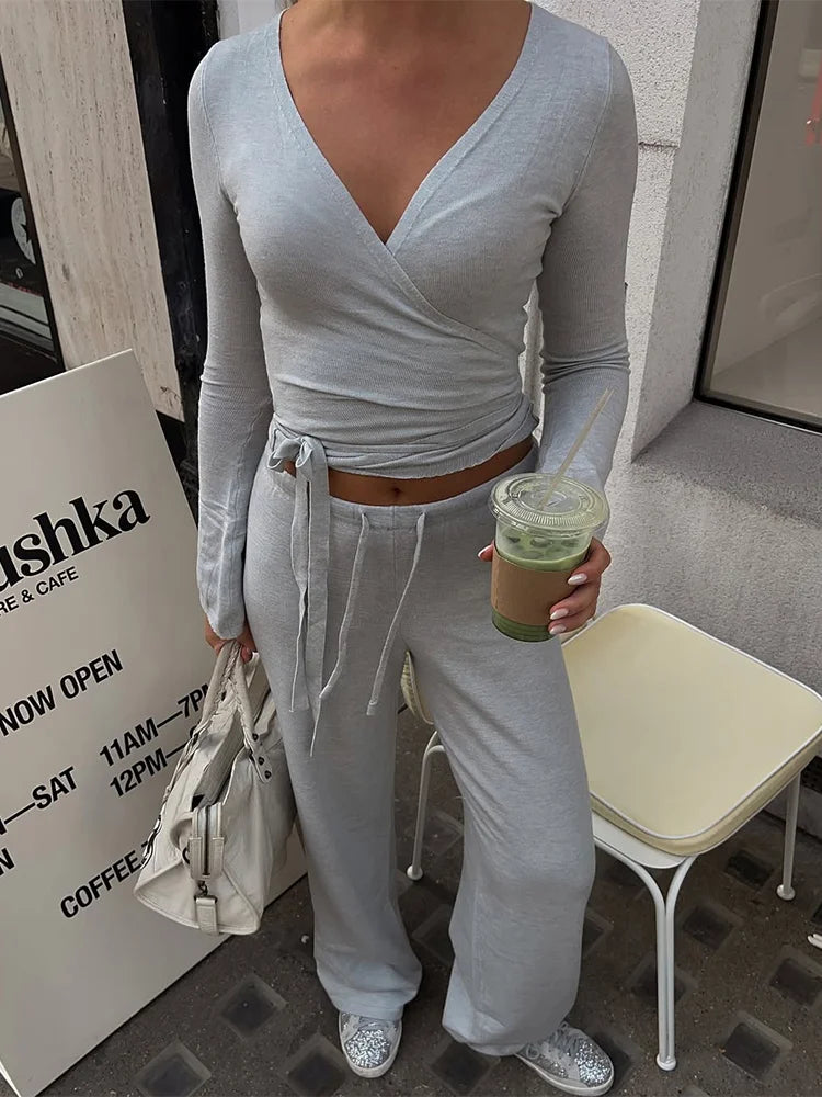 Conjunto de top de manga acampanada y pantalón ancho