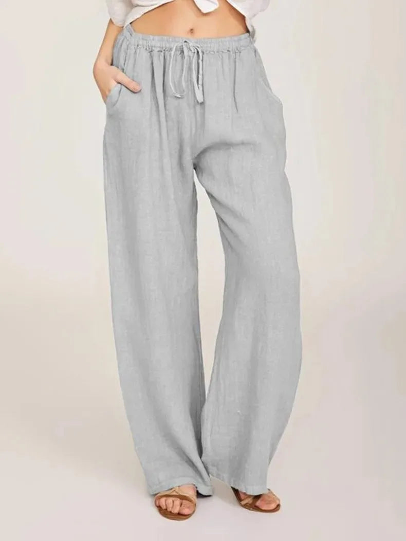 Pantalón recto de algodón y lino para mujer