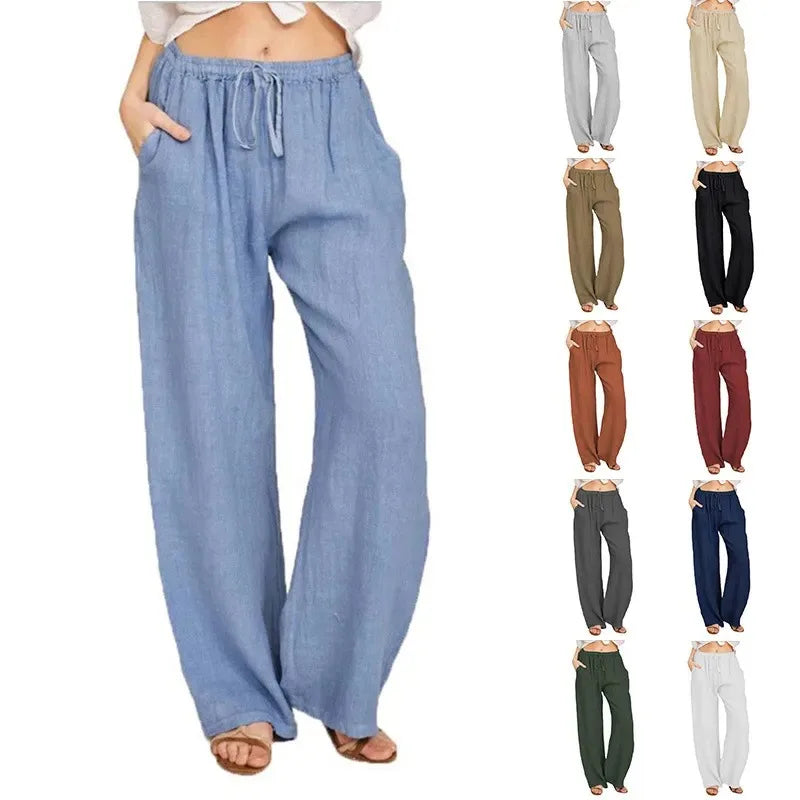 Pantalón recto de algodón y lino para mujer