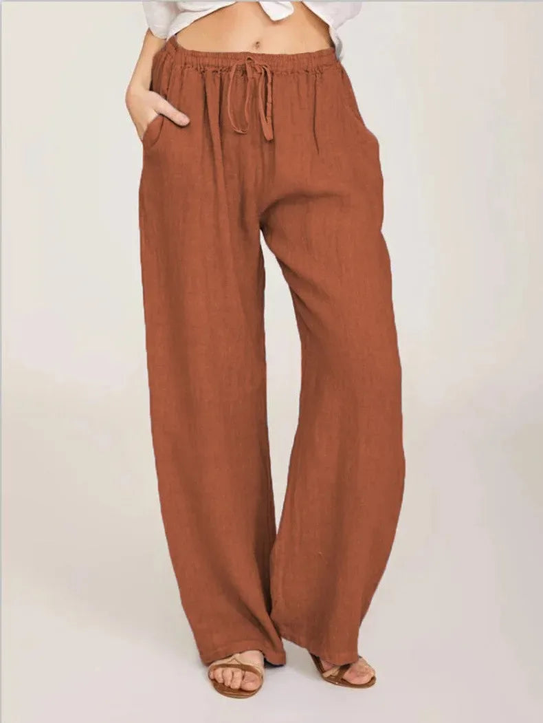 Pantalón recto de algodón y lino para mujer