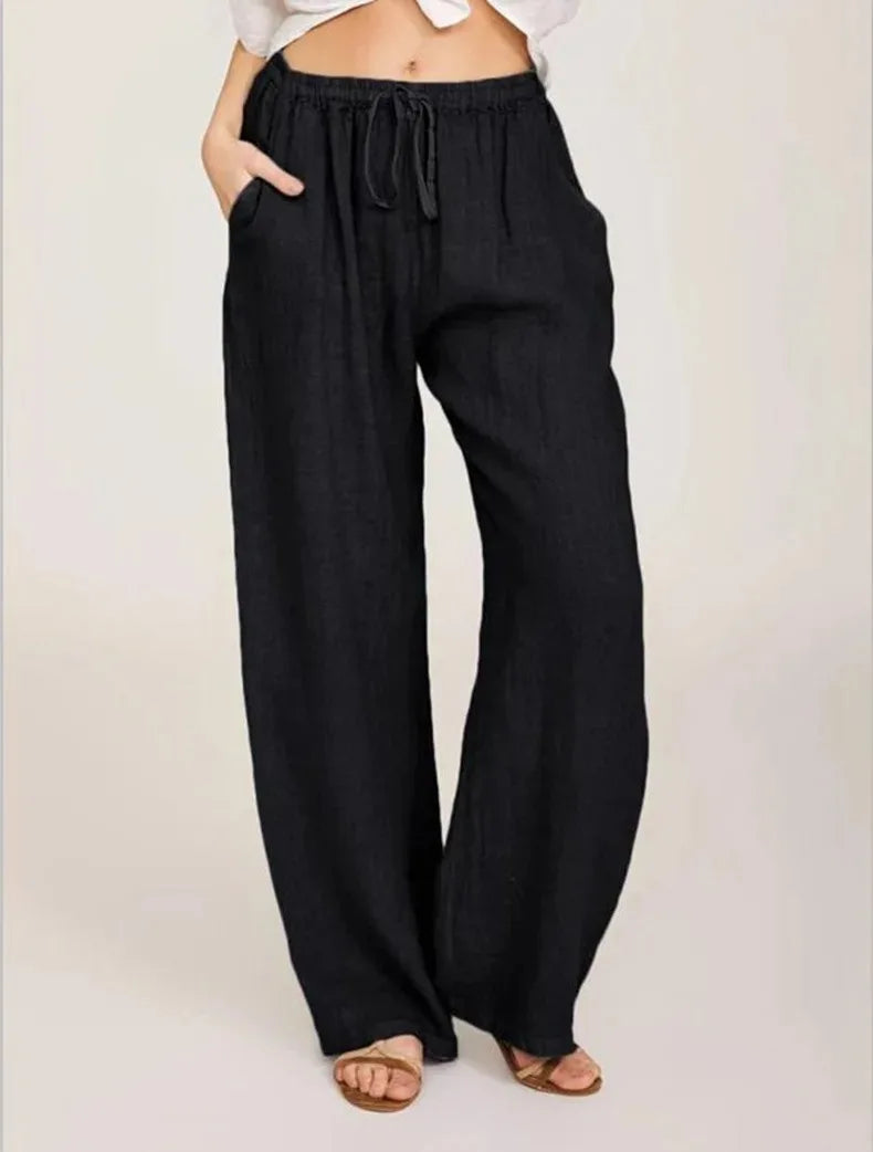 Pantalón recto de algodón y lino para mujer