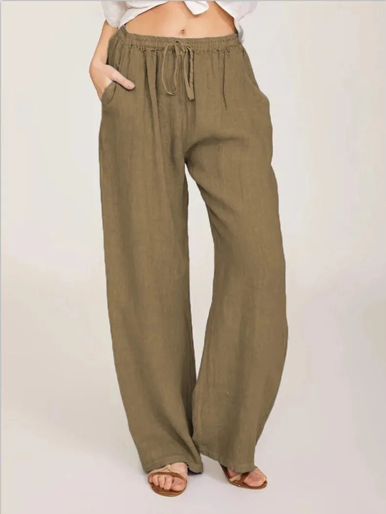 Pantalón recto de algodón y lino para mujer