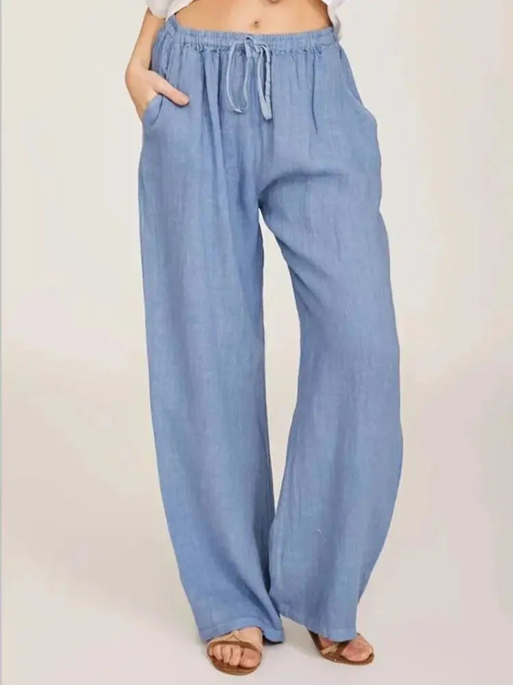 Pantalón recto de algodón y lino para mujer