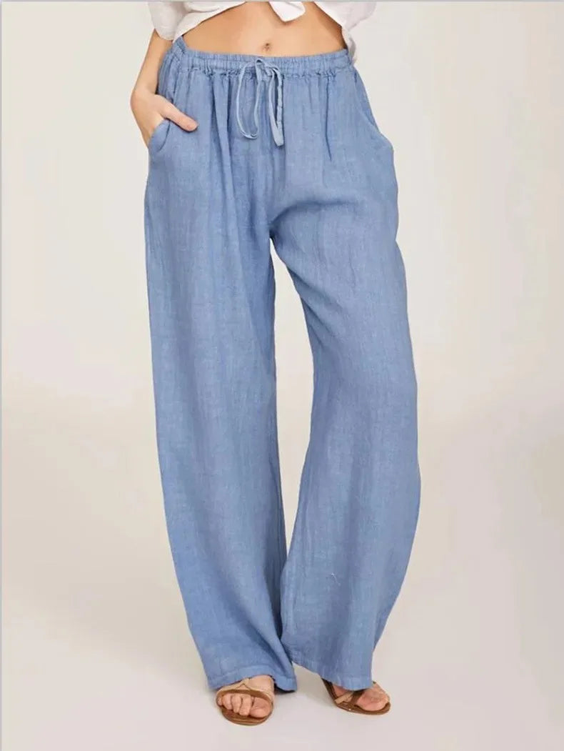 Pantalón recto de algodón y lino para mujer