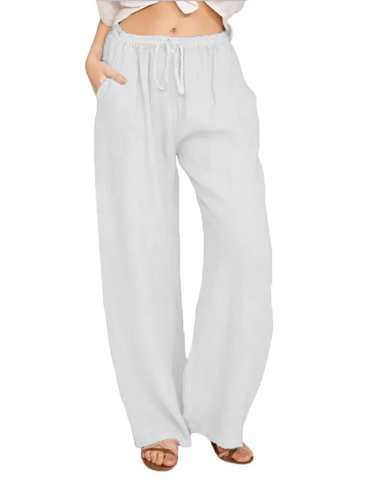 Pantalón recto de algodón y lino para mujer