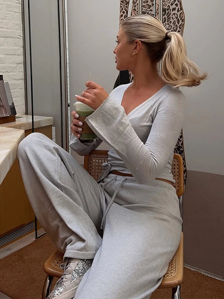Conjunto de top de manga acampanada y pantalón ancho