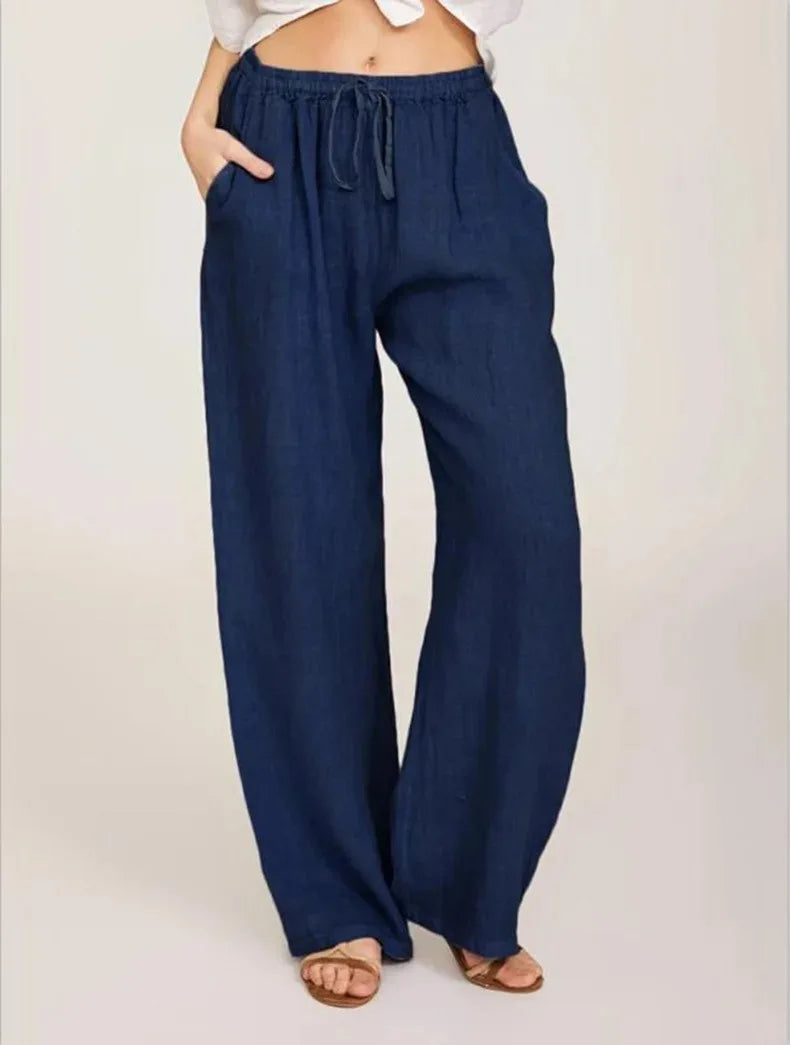 Pantalón recto de algodón y lino para mujer