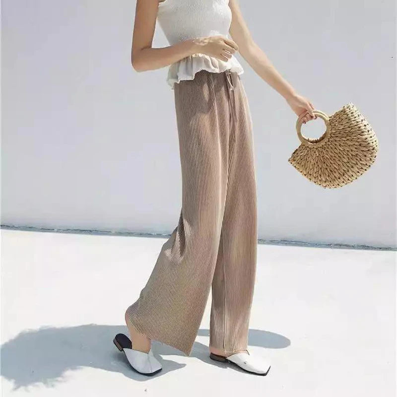 Pantalón ancho plisado de seda fría para mujer