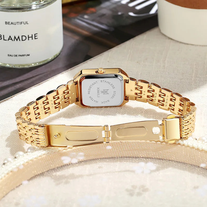 Reloj rectangular de cuarzo con correa de acero para mujer