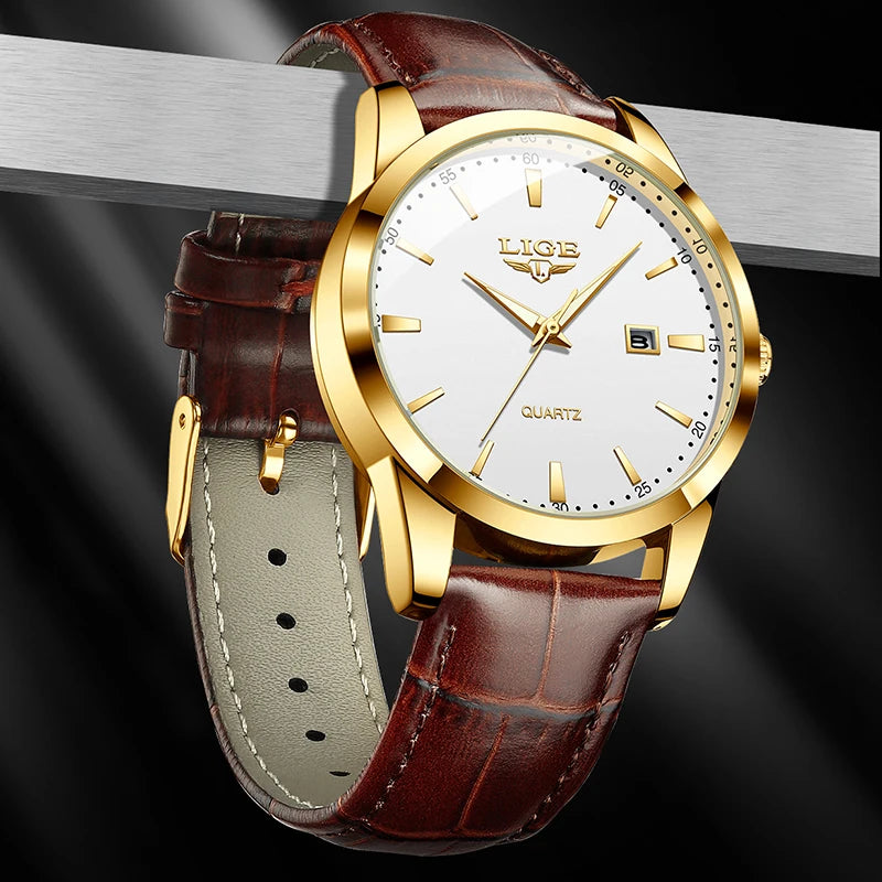 Reloj LIGE con correa de piel marrón para hombre