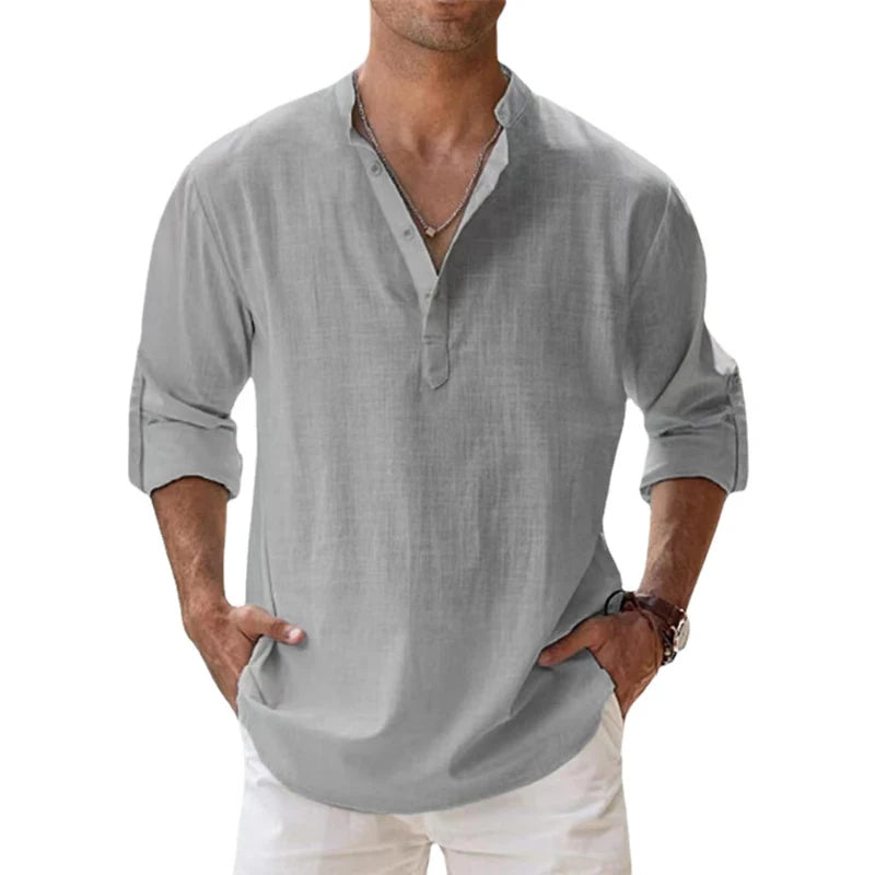 Camisa de lino y algodón manga larga para hombre