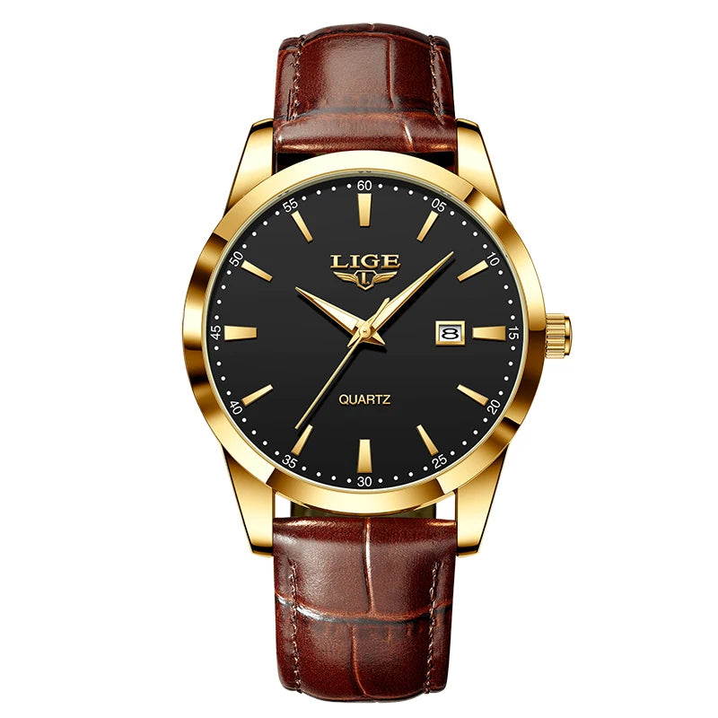 Reloj LIGE con correa de piel marrón para hombre