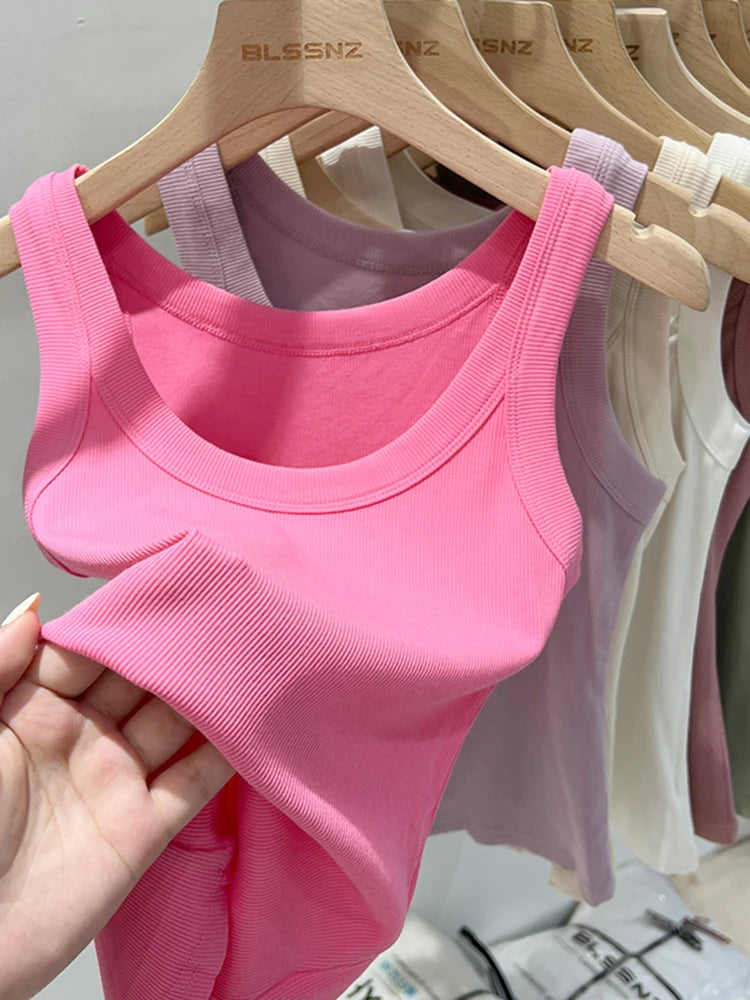 Camiseta de tirantes de canalé con cuello redondo para mujer