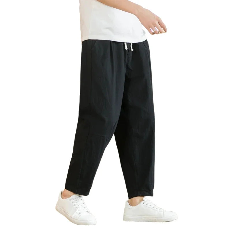 Pantalón de lino y algodón con cordón para hombre