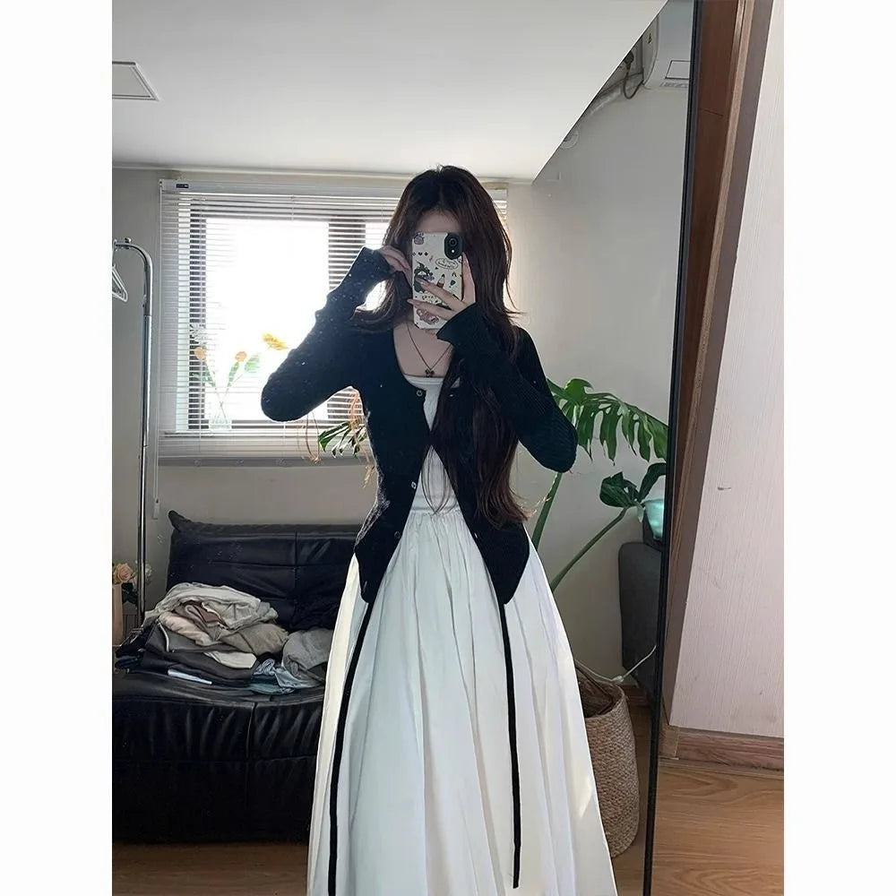 Conjunto de chaqueta de punto y vestido largo