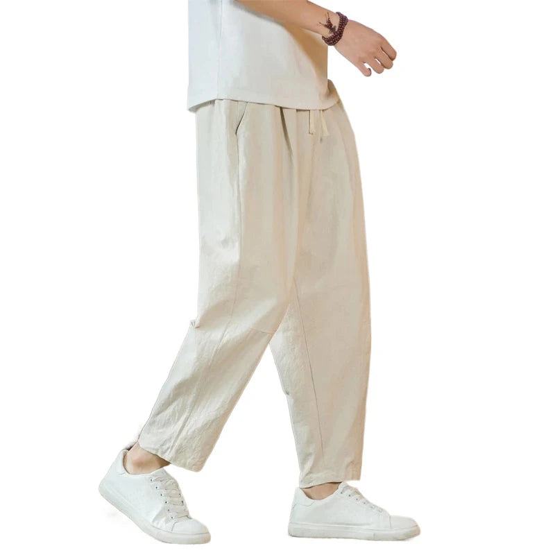 Pantalón de lino y algodón con cordón para hombre