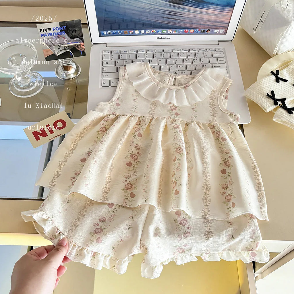 Conjunto infantil vestido sin mangas con flores (2 piezas)