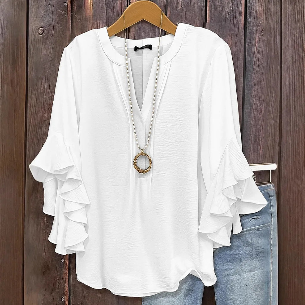 Blusa de gasa con manga de volantes y cuello en V
