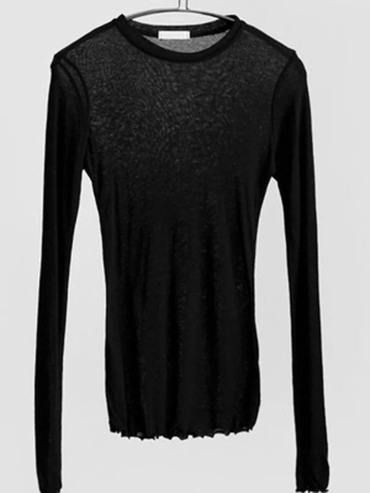 Camiseta básica elástica de manga larga para mujer
