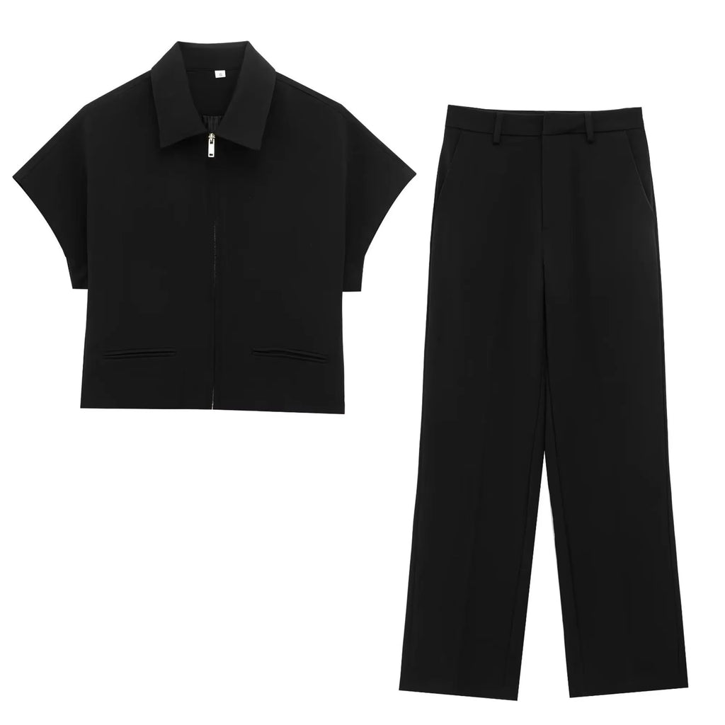 Conjunto de chaqueta corta con cremallera y pantalón