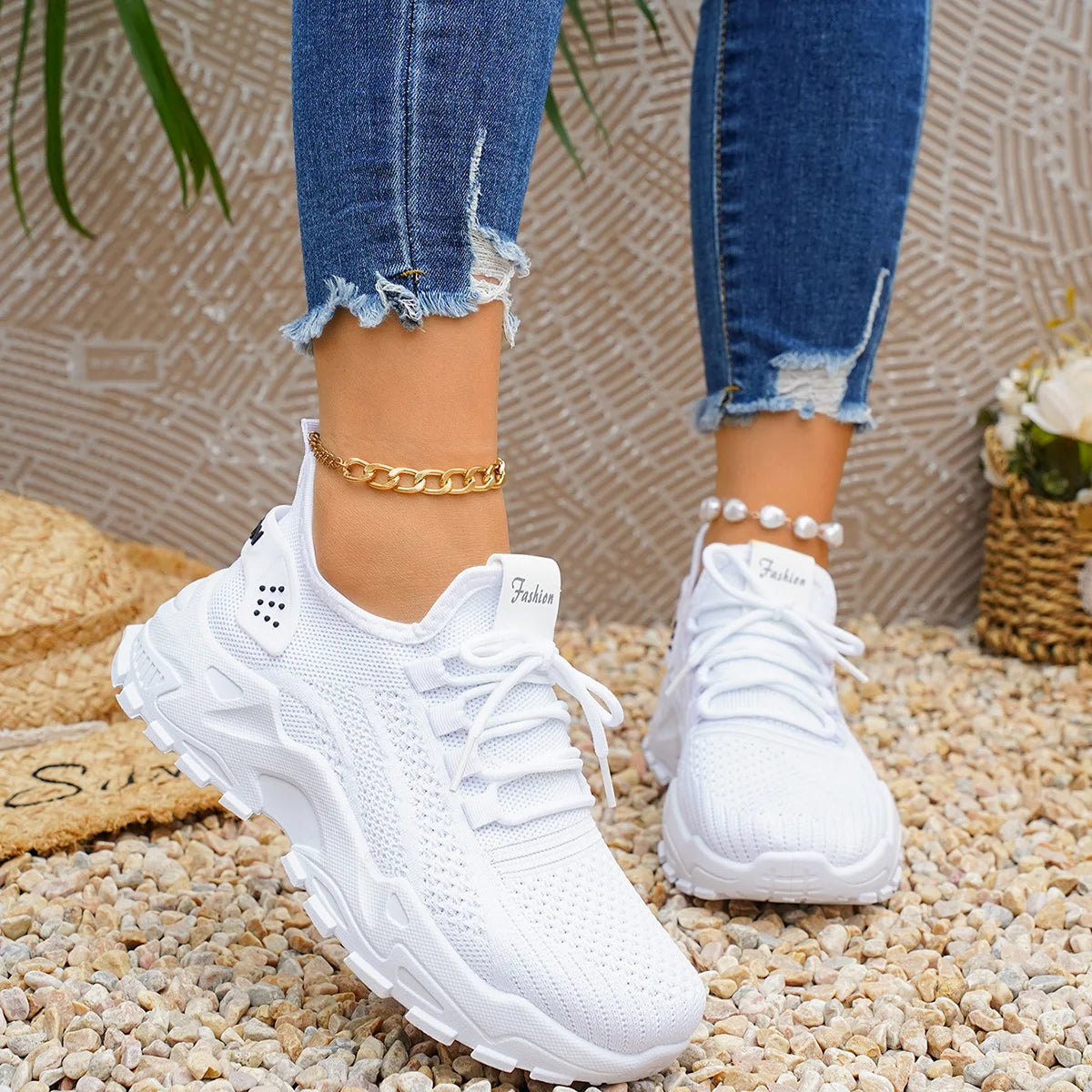 Zapatillas de plataforma de punto transpirable para mujer