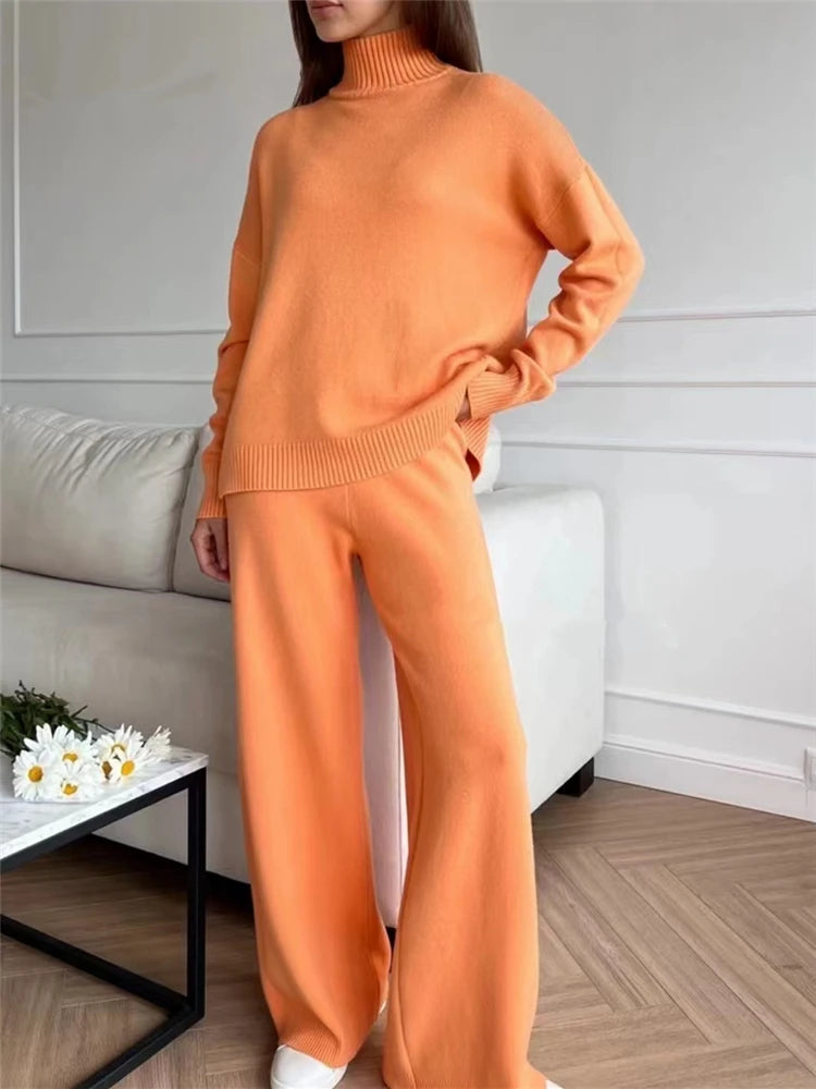Conjunto de punto de cuello alto: jersey y pantalón ancho
