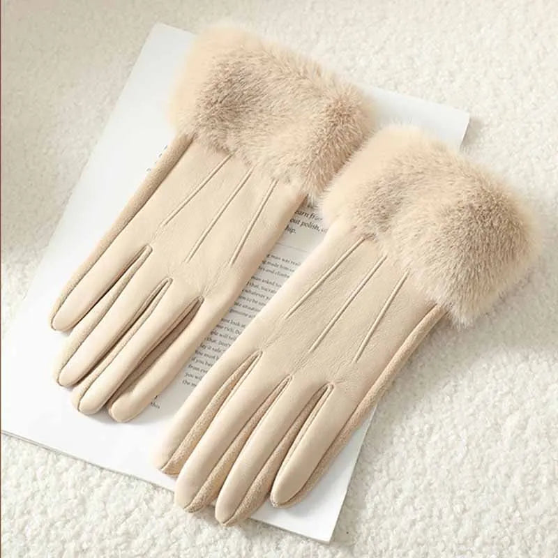 Guantes elegantes de polipiel con pelo