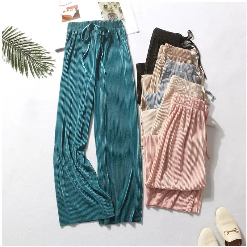 Pantalón ancho plisado de seda fría para mujer