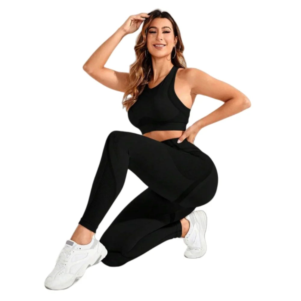Conjunto deportivo sin costuras: top y mallas de tiro alto