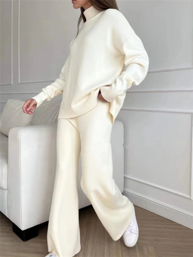 Conjunto de punto de cuello alto: jersey y pantalón ancho