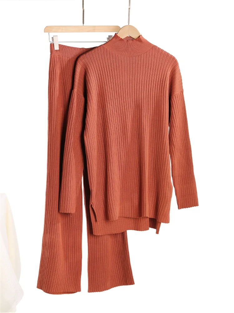 Conjunto de punto de cuello alto: jersey y pantalón ancho