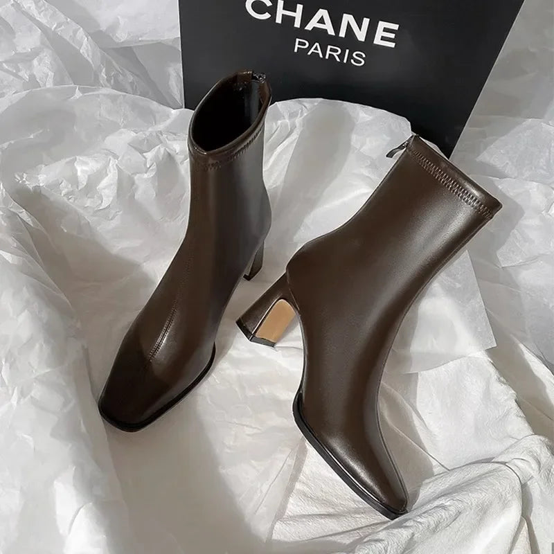 Botines vintage cálidos de punta cuadrada para mujer