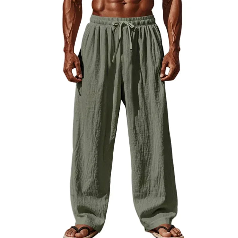 Pantalón recto de algodón y lino con cordón para hombre