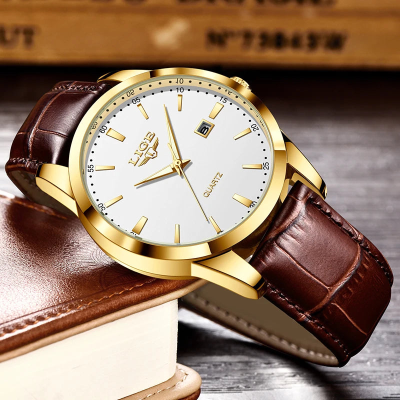 Reloj LIGE con correa de piel marrón para hombre