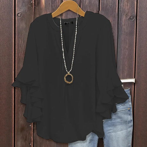 Blusa de gasa con manga de volantes y cuello en V