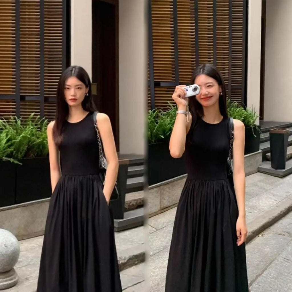 Vestido midi negro sin mangas estilo vintage