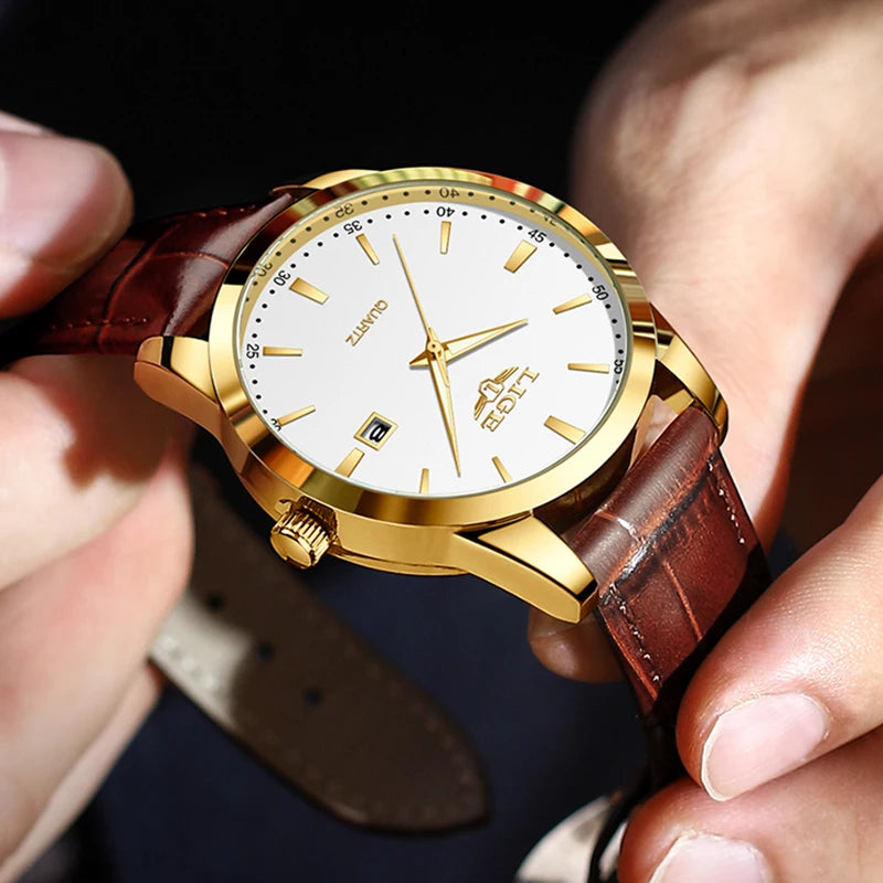 Reloj LIGE con correa de piel marrón para hombre
