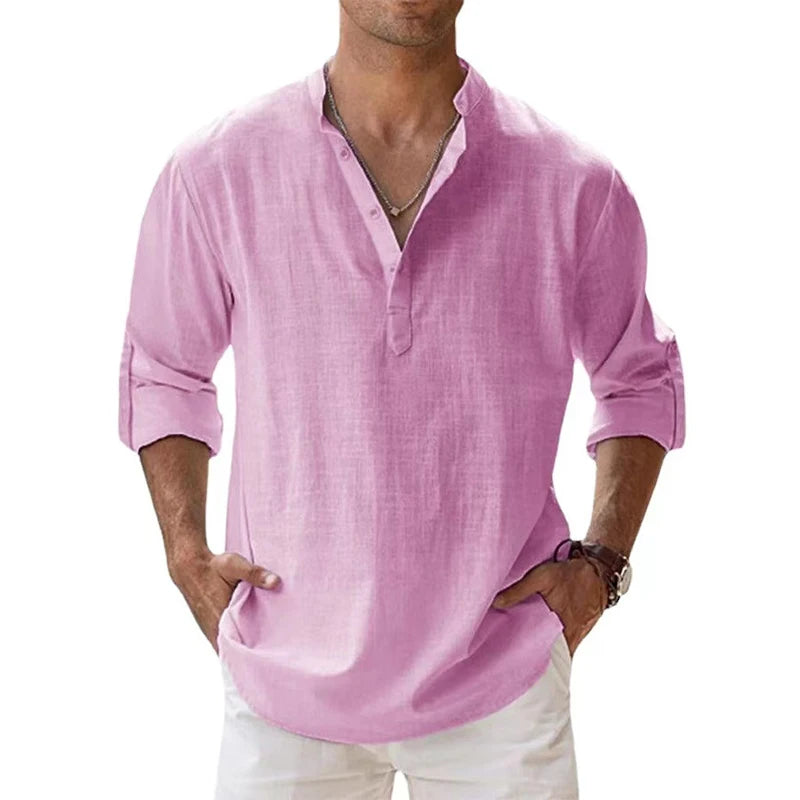 Camisa de lino y algodón manga larga para hombre