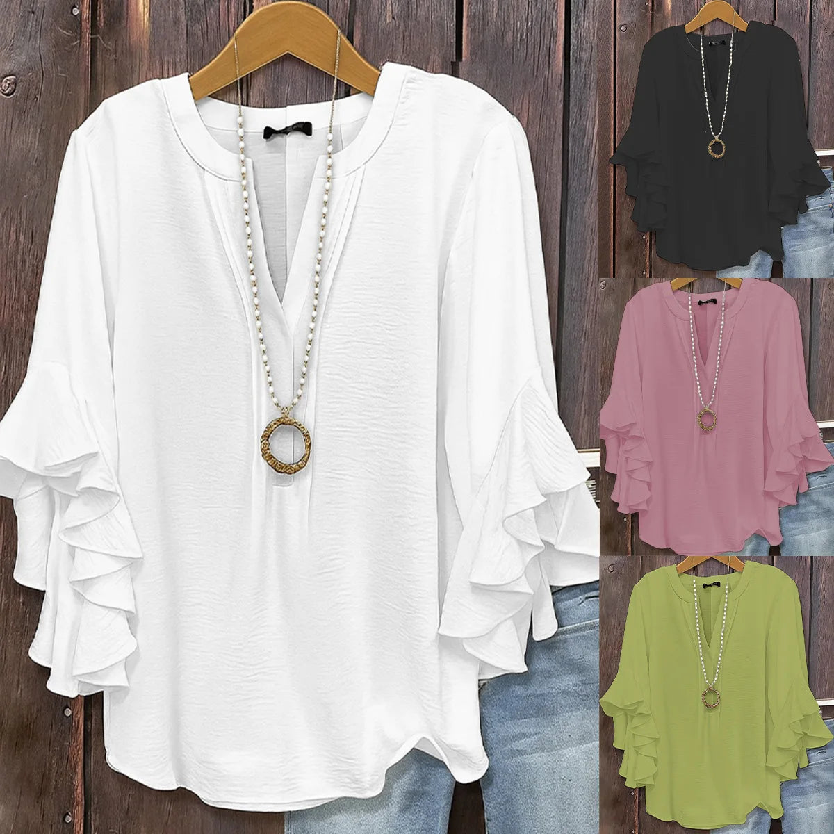 Blusa de gasa con manga de volantes y cuello en V