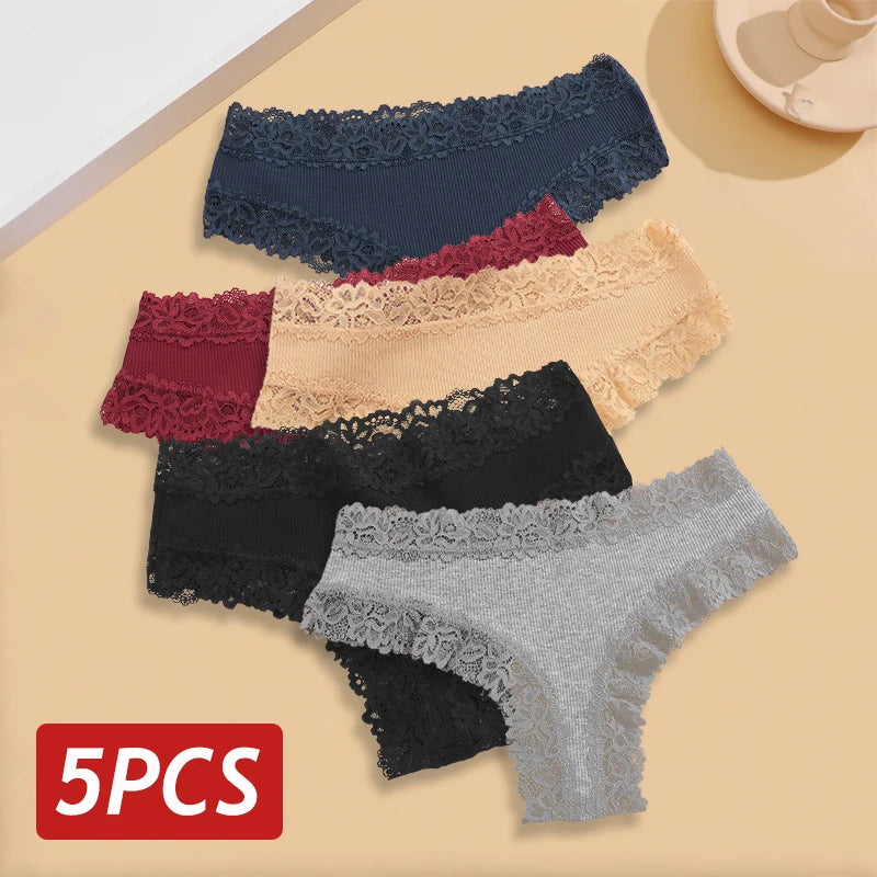 Pack de 5 braguitas brasileñas de algodón con encaje