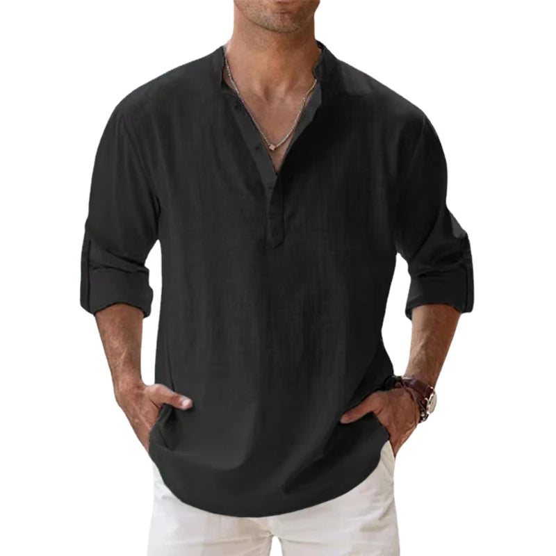 Camisa de lino y algodón manga larga para hombre