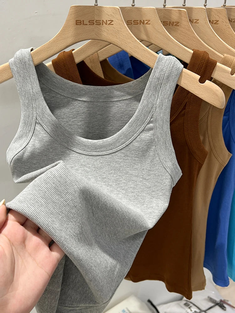 Camiseta de tirantes de canalé con cuello redondo para mujer