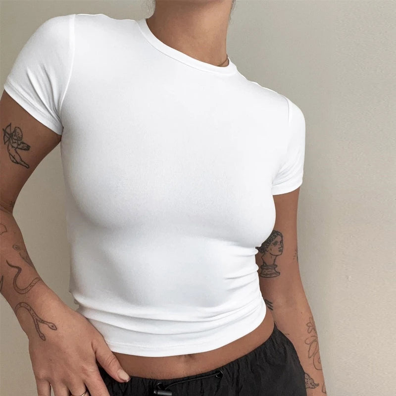 Camiseta de punto ajustada con cuello redondo para mujer